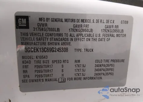2009 Chevrolet Silverado 1500 Ls z USA, uszkodzony, nr VIN 3GCEK13C69G245308